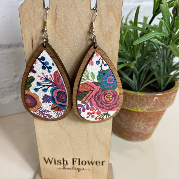 Teardrop Leather & Wood Dangle Earrings