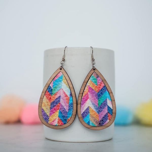 Teardrop Leather & Wood Dangle Earrings