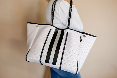 White with Black & Silver Center Stripe Neoprene Bag